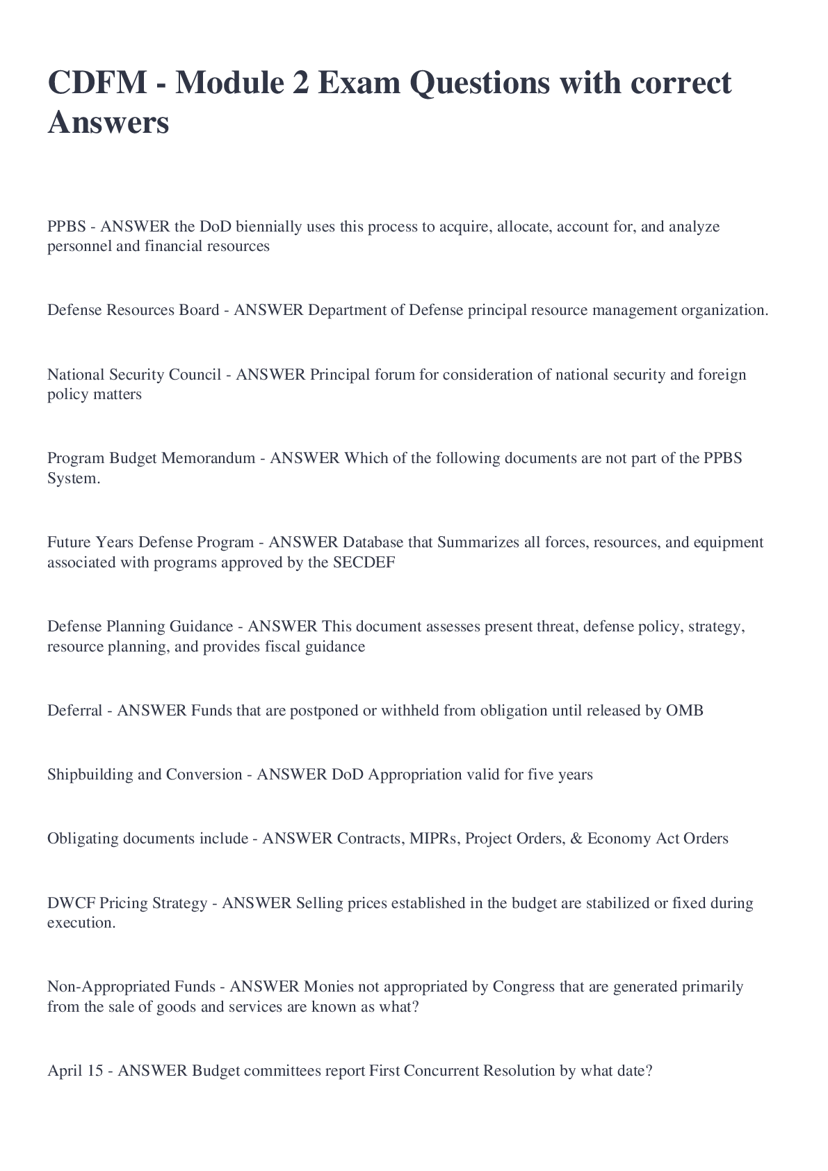 Preview image of CDFM - Module 2 Exam Questions with correct Answers document